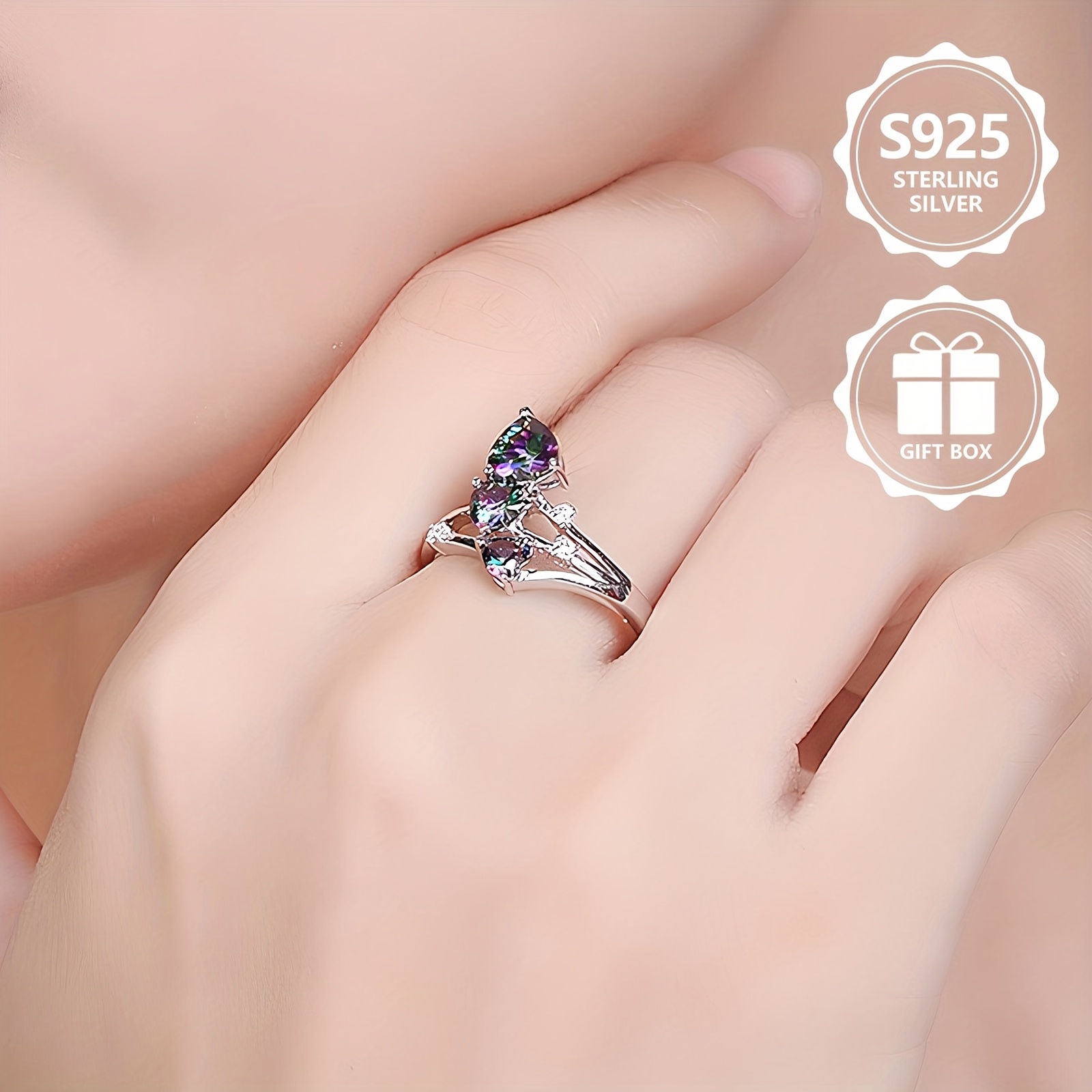 S925 Silver Love Rainbow Zirconia Ring Hypoallergenic Women's Jewelry
